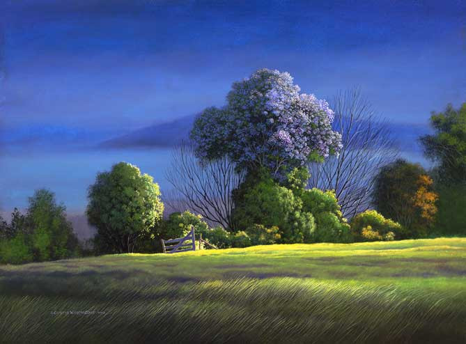 Eastern Exposure, an oil painting of jacarandas by Curtis Wilson Cost