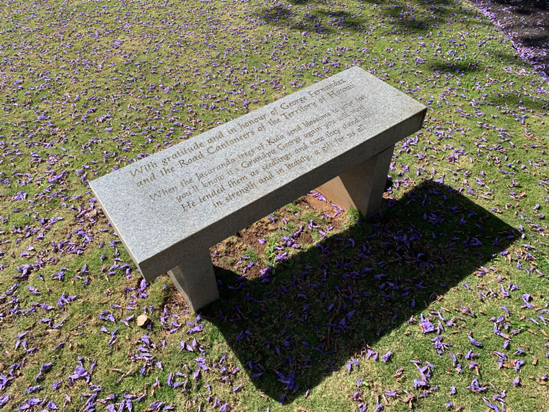 George Fernandez memorial bench at five trees in Upcountry Maui.
